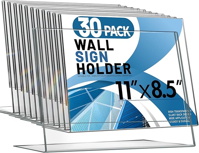 Aheroi 30Pcs Acrylic Sign Holder 8.5 x 11, L-shape Clear Sign Holders, Horizontal L-shape Acrylic Paper Holder, Plastic Table Sign Holders, Plastic Paper Holder Display Standing for Office Home School