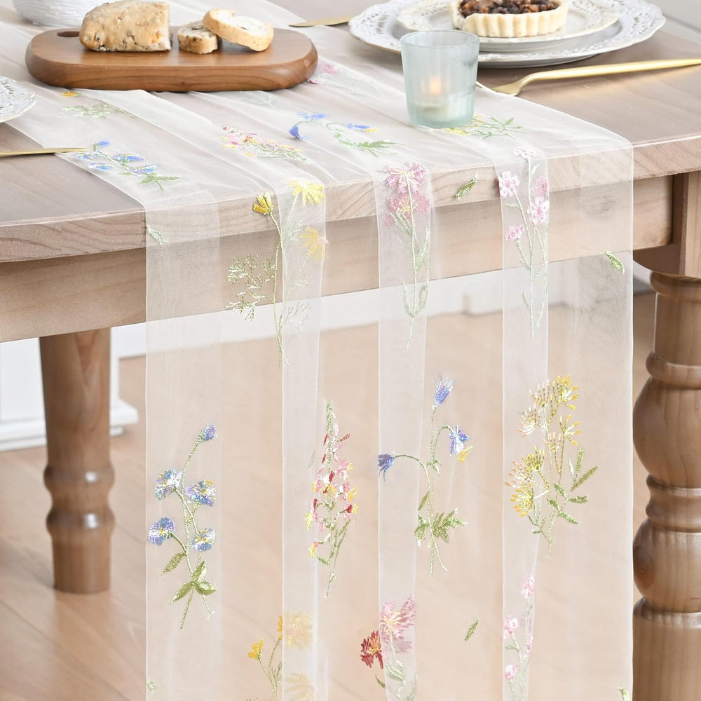 Artoid Mode 6PC Floral Milky White Embroidery Table Runner 120 Inch 10FT
