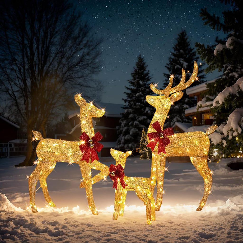 VINGLI 4FT Golden Lighted Christmas Reindeer Family Set of 3, Prelit 210 Warm White LED Deer Outdoor Decorations, Sparkling Buck Doe Fawn Lighted Christmas Yard Decorations for Garden Porch
