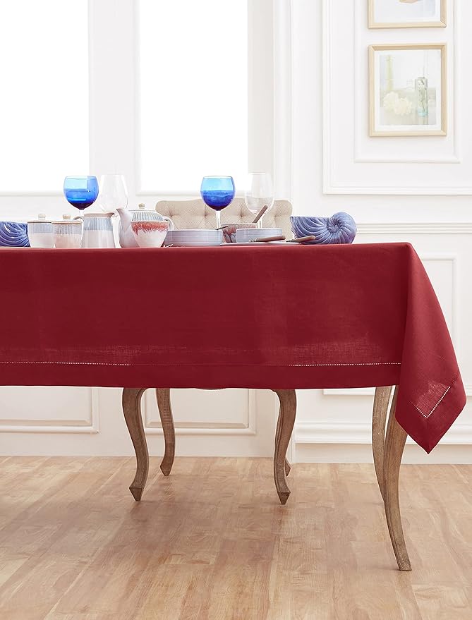 Solino Home Linen Red Tablecloth 60 x 90 Inch - Classic Hemstitch, 100% Pure Linen Rectangular Tablecloth - Machine Washable Table Cloth for Christmas, Holiday
