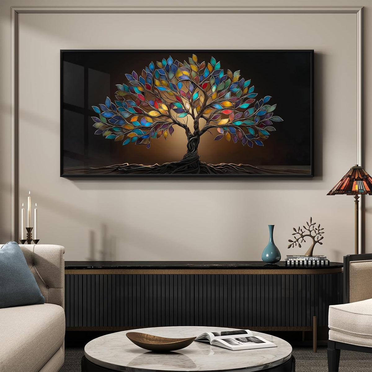 Large Framed Modern Tree of Life Wall Art for Living Room, 30x60 In