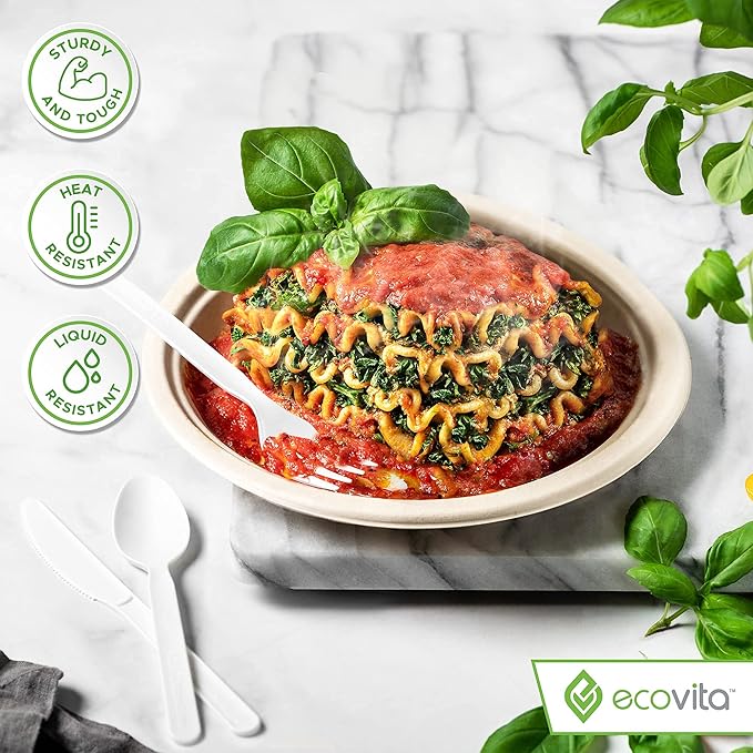 Ecovita 100% Compostable Spoons - 140 Large Disposable Utensils (6.3 in.) Eco Friendly Durable and Heat Resistant Alternative to Plastic Spoons with Convenient Tray