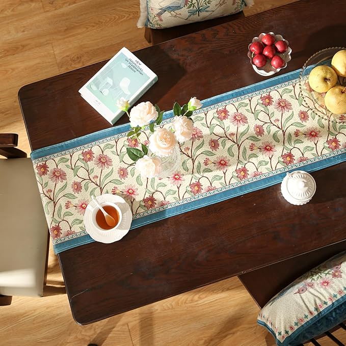 patdrea Designer French Elegant Wild Flowers Velvet Table Runner 87 Inch Long, Beige Pink Floral Pattern Table Mat, Decoration for Kitchen Dining Coffee Table Cabinet Banquet Thanksgiving,12"*87"