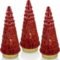 Red Glass Christmas Tree 3pcs, Small Tabletop Mercury Christmas Tree with Light, Battery Operated Xmas Tree for Fireplace Bathroom Decor 10"