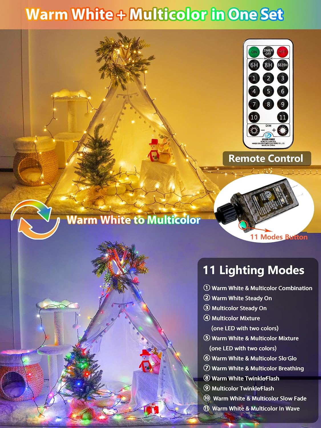 yiqu 108ft color changing christmas lights with remote shown in use