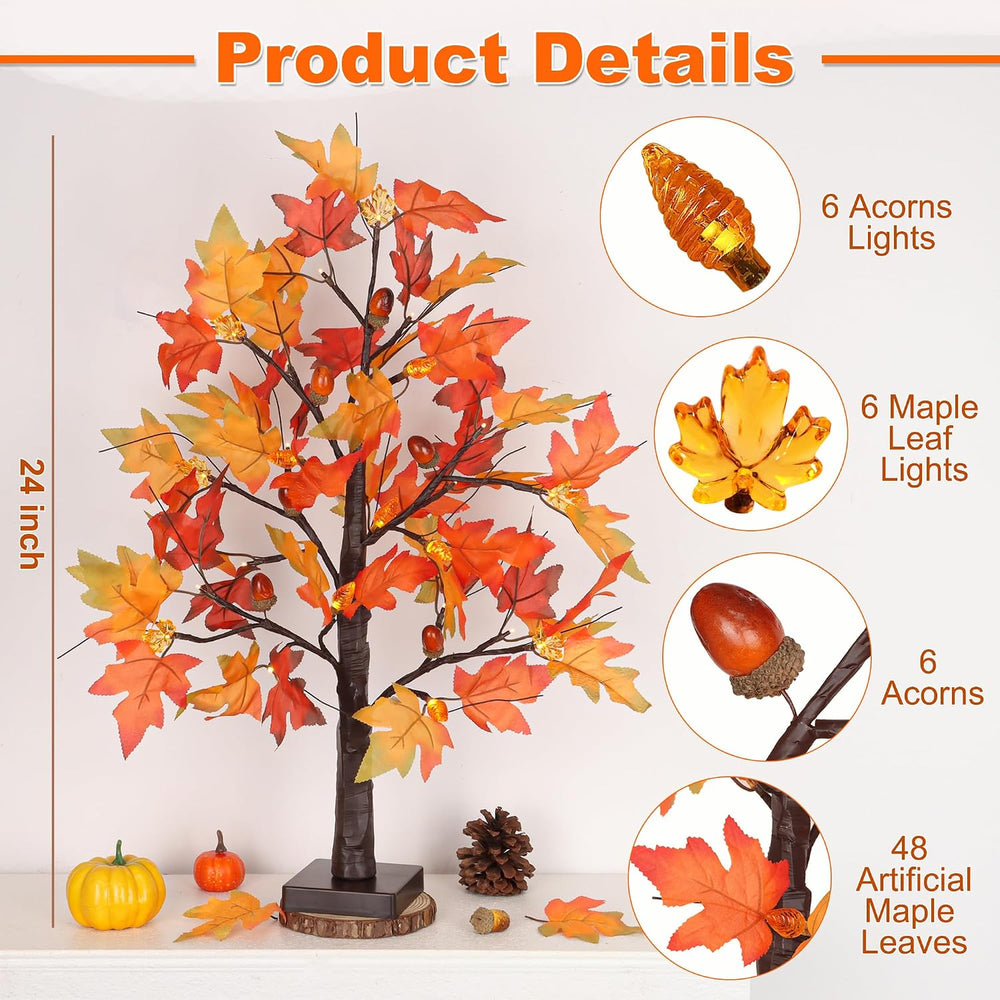 2 Pack 24 Inch Lighted Fall Maple Trees, Battery Operated Artificial Thanksgi...