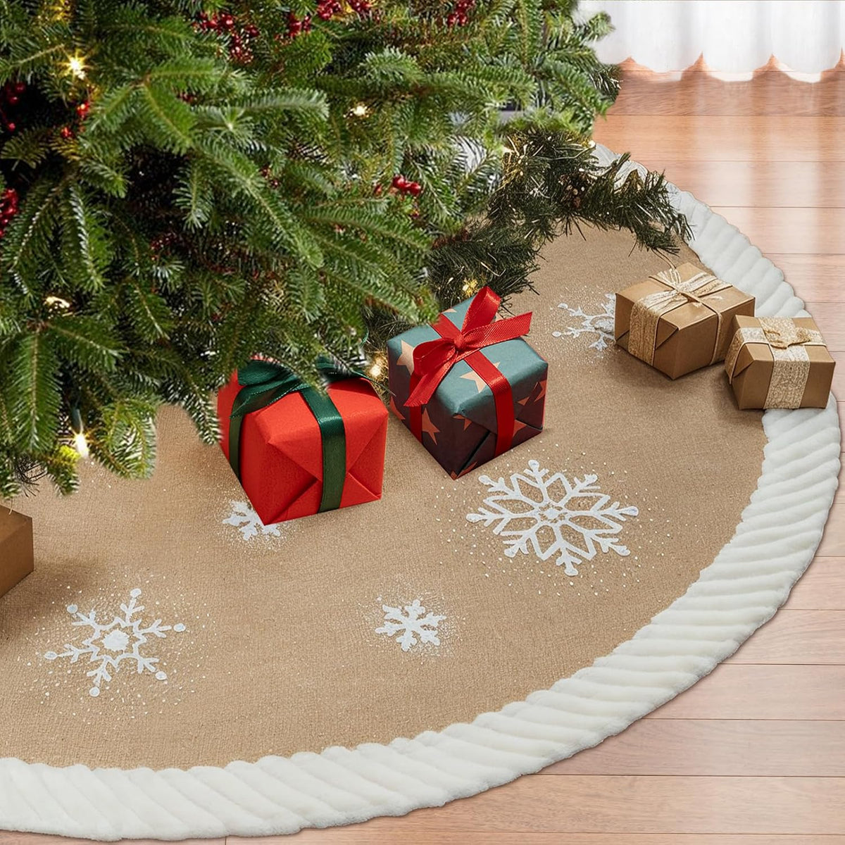 AerWo 60 inch Christmas Tree Skirt with White Snowflake, Large Burlap Tree Skirts with Fur Border, Rustic Farmhouse Tree Skirt for Xmas Tree Decorations Indoor Outdoor Holiday Decor
