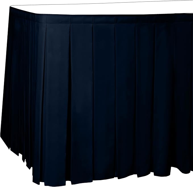 Ultimate Textile Pleat Polyester Fabric Table Skirt - Machine Washable Flame Resistant with Clips for Events, Weddings & Trade Shows, Cut & Sewn in Paterson, NJ - Navy, 14' Box Pleat