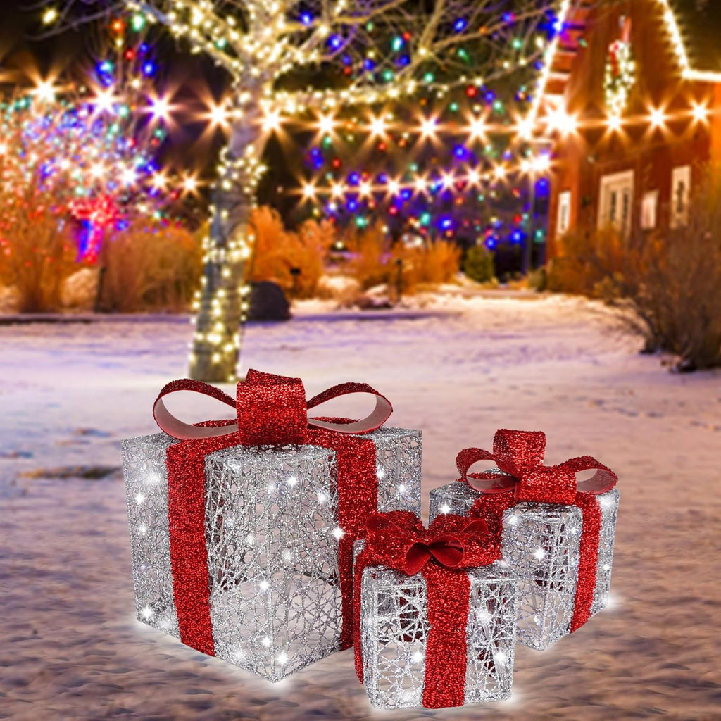 lighted gift box set of 3, silver boxes, close-up detail