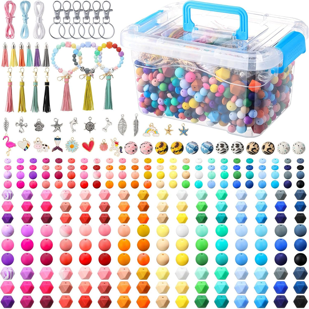 Hotop 342 Pcs Silicone Beads for Keychain Making Kit, 12mm15mm Round 14mm17mm Polygonal Silicone Rubber Beads for Keychain DIY Necklace Bracelet Jewelry Making Supplies