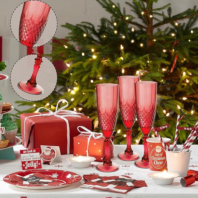 Plastic Champagne Flutes, 24PCS Dark Red Wine Glasses Goblets Cups Reusable Flute, for Christmas Weddings Christmas Bachelor Parties Toasting and Events(24, Dark Red)