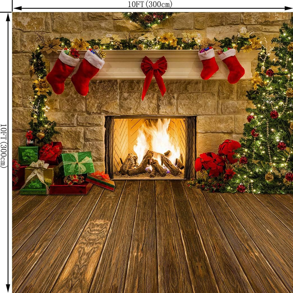 10X10FT Christmas Fireplace Theme Backdrop for Photography Tree Sock Gift Dec...