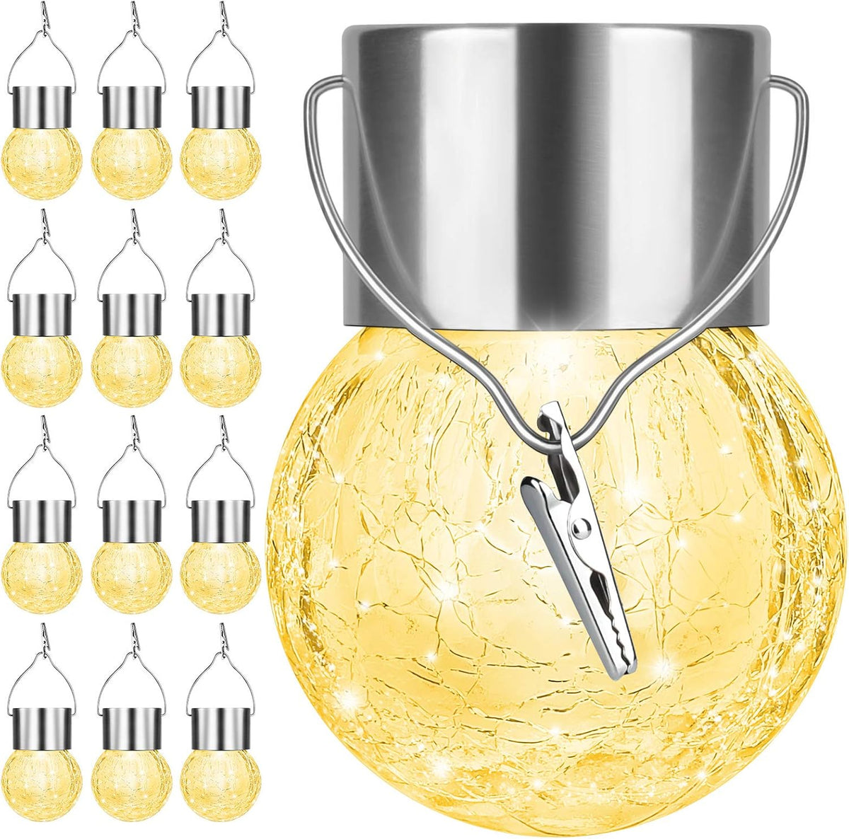 12Pack Hanging Cracked Glass Solar Lights Outdoor Waterproof, Warm White