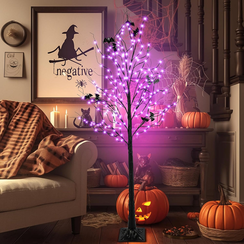 Halloween Lighted Tree with 260 LED Lights, 6FT Black Halloween Tree with Tim...