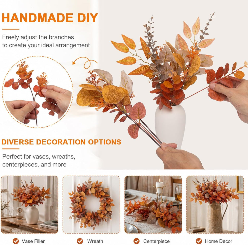 lovemoon 130 Pcs Fall Mixed Greenery Artificial Eucalyptus Stems, Orange