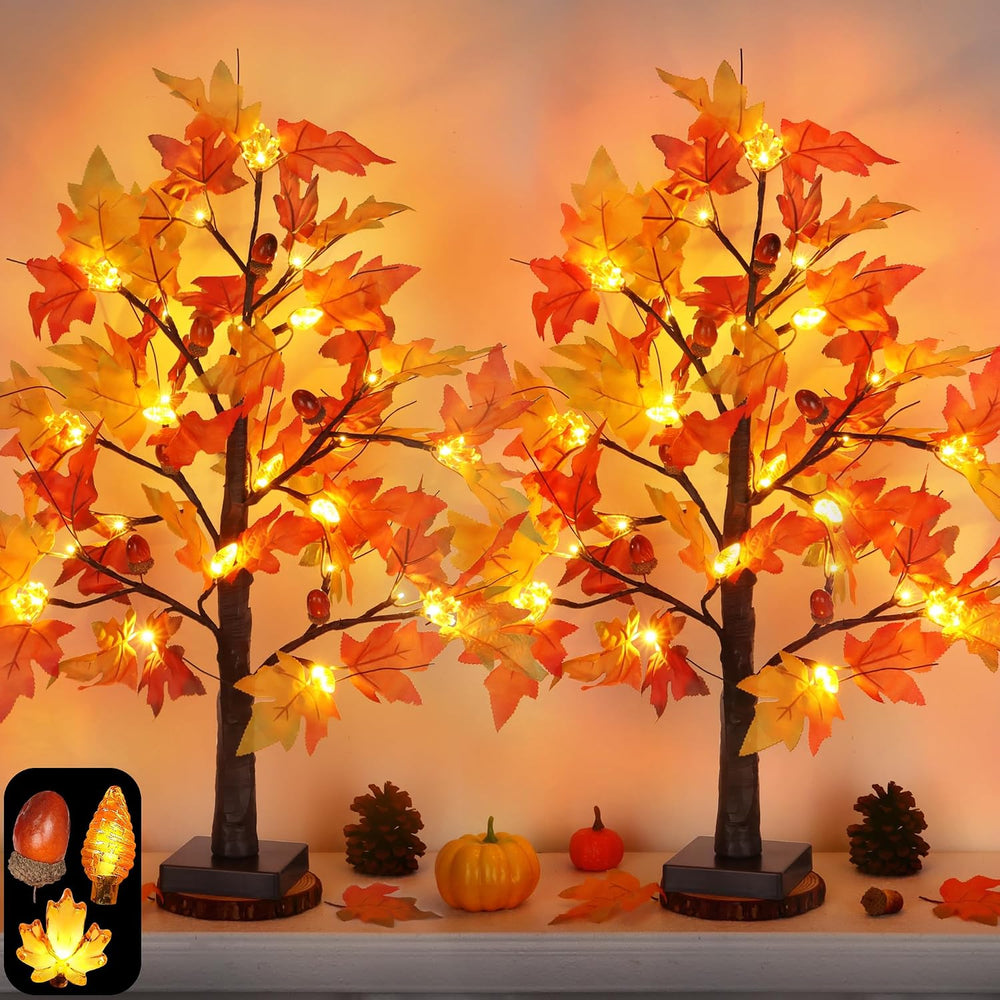 2 Pack 24 Inch Lighted Fall Maple Trees, Battery Operated Artificial Thanksgi...