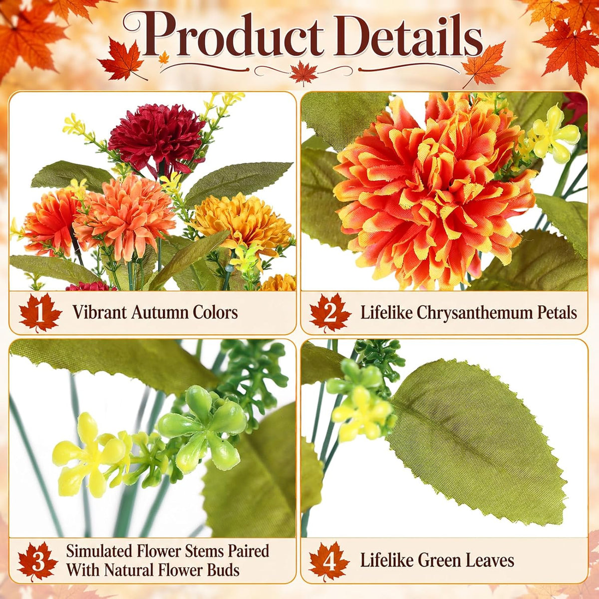 HOMSHIAM 8 Bunches Artificial Fall Flowers, 64 Heads, 4 Colors, Faux Mums