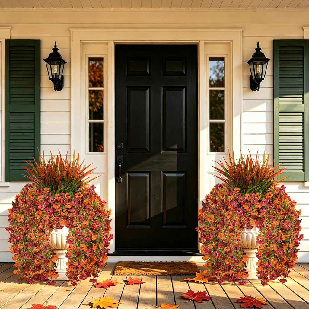 7PCS Artificial Fall Hanging Flowers for Outdoor, Five-Petaled Faux Mums