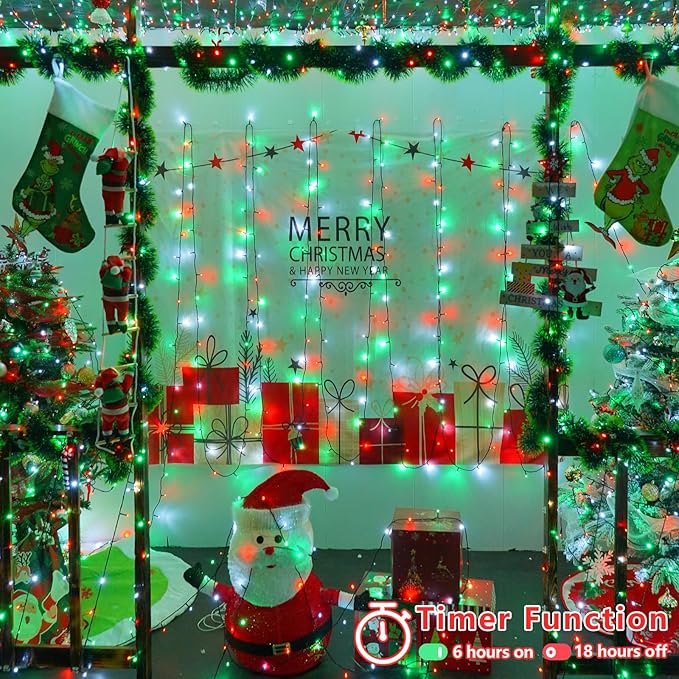 YEGUO 165ft 500 LED Christmas Lights Outdoor Waterproof, 8 Modes Red White and Green String Lights Plug in, Green Wire Twinkle Tree Lights Indoor with Timer Memory