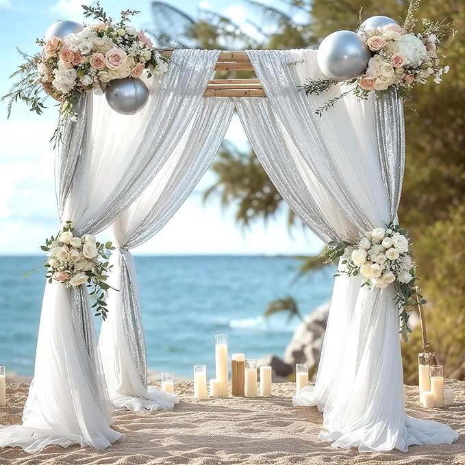 Wedding Arch Draping Fabric, 1 Panel 28" x19ft White Arch Drapes & 1 Panel 16" x19ft Silver Sequin Fabric Drapes Arbor Backdrop Curtain for Wedding Arch Ceremony Bridal Shower Reception