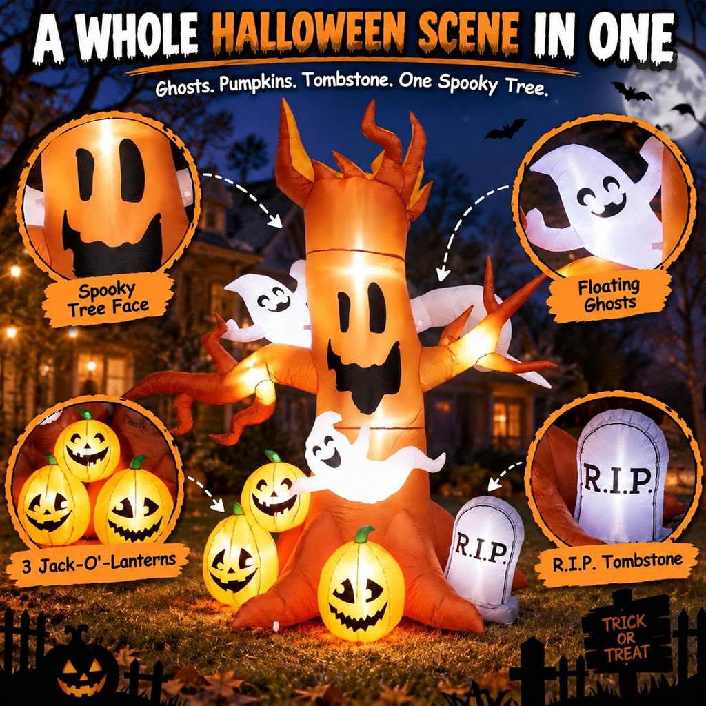 8ft halloween inflatable ghost tree decoration with pumpkins, close-up detail