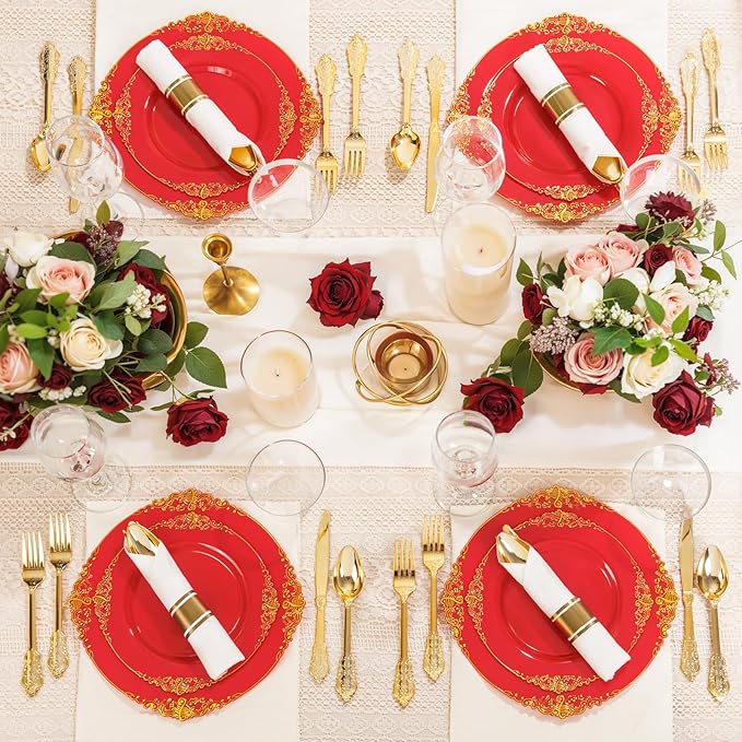 Nervure 350PCS Red Plastic Plates - Red Gold Plastic Dinnerware Sets for 50 Guests - 100 Gold Disposable Plates, 50 Pre Rolled Silverware Sets, 50 Cups Perfect for Wedding & Party & Christmas