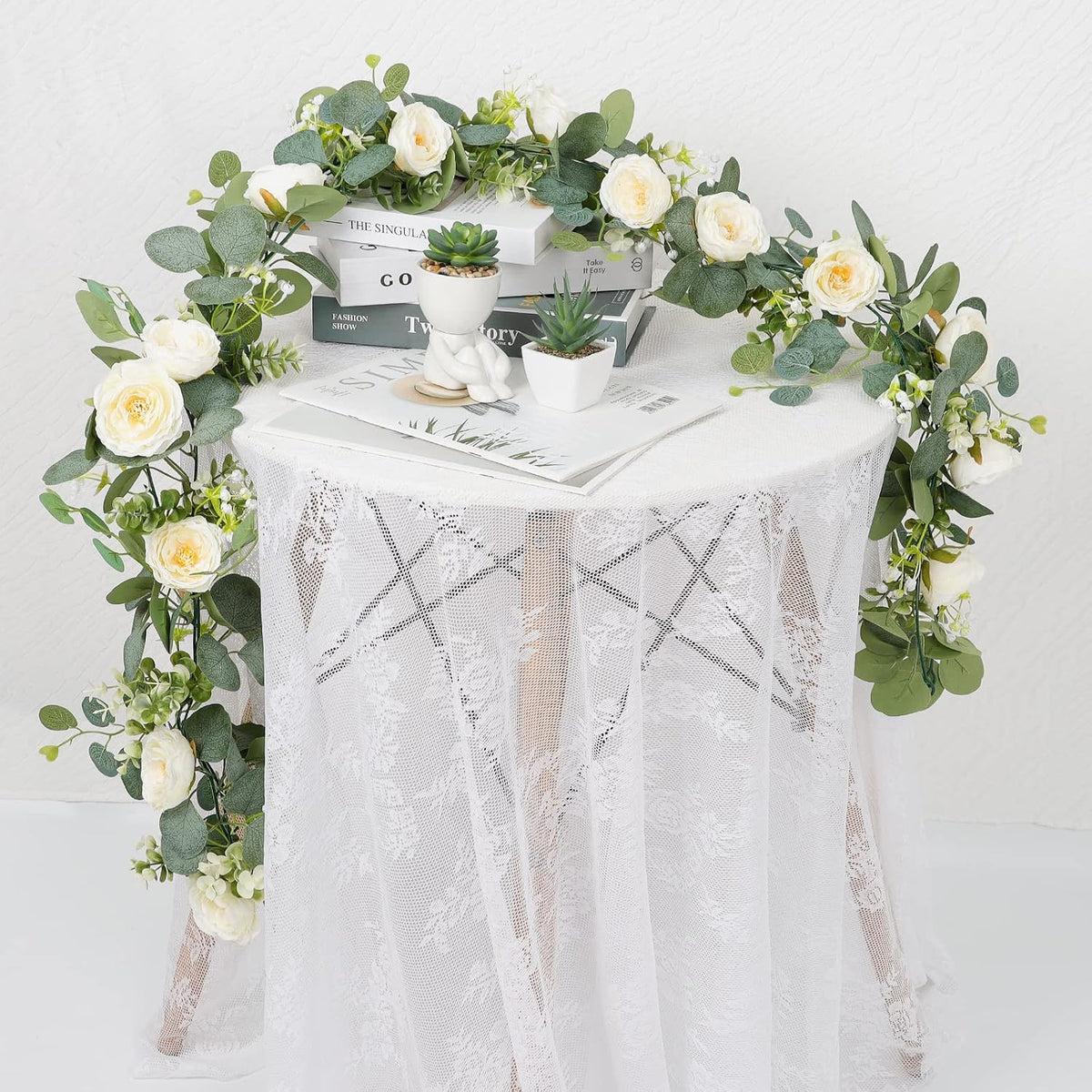 TOCHGREEN 4 Pack Artificial Eucalyptus Flower Garland with White Roses