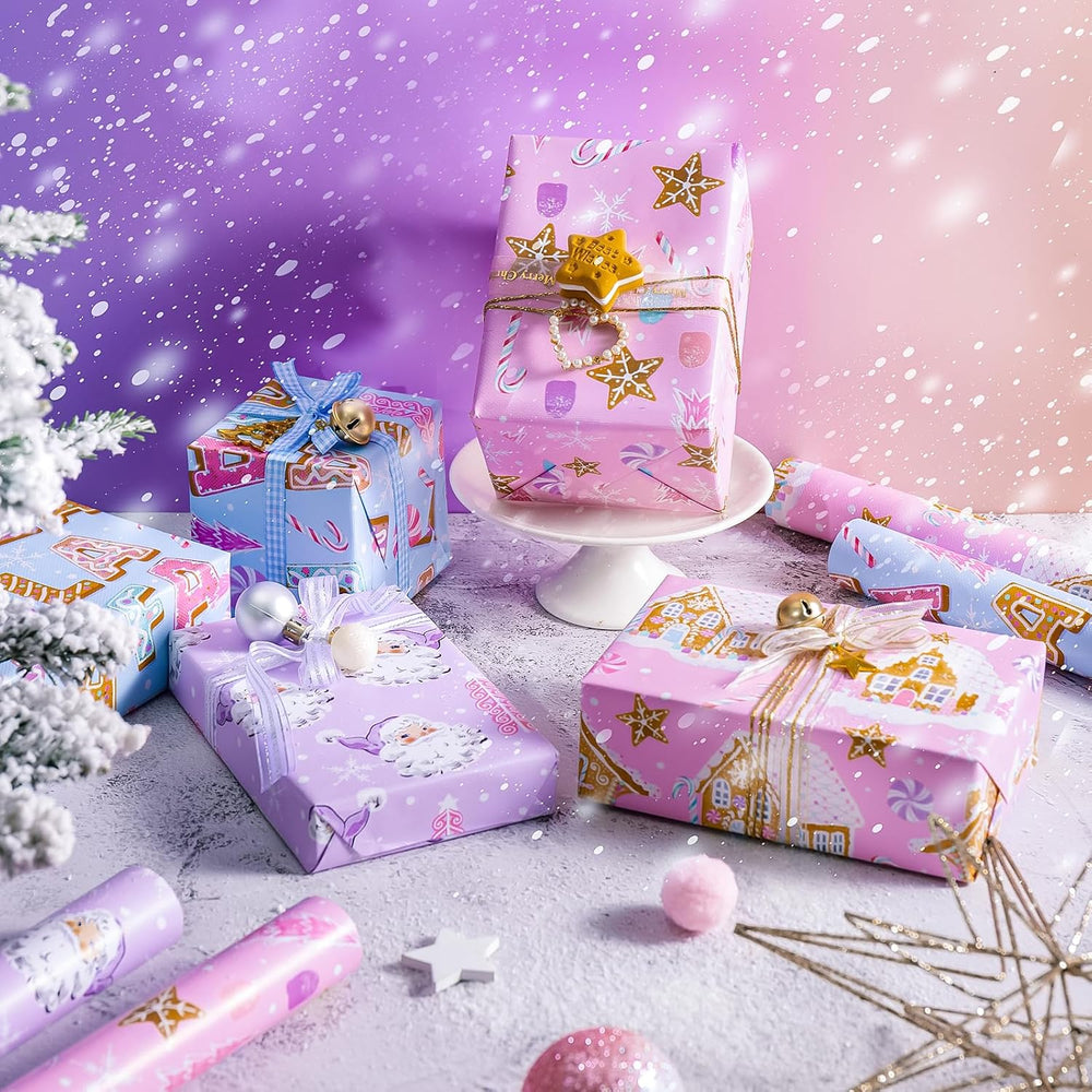 WRAPAHOLIC Christmas Wrapping Paper Set - Pastel Pink Purple Gingerbread Hous...