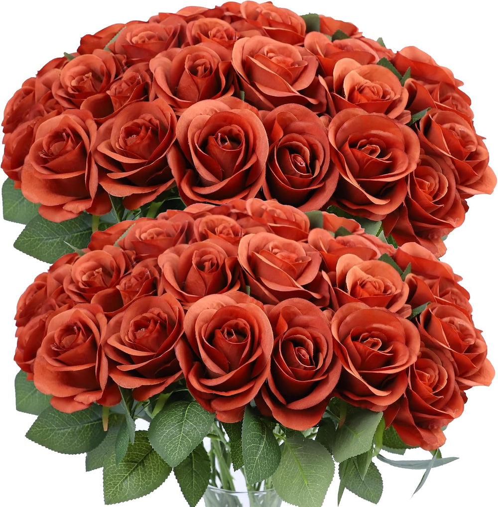 Artificial 50Pcs Burnt Orange Flowers Fake Roses Silk Artificial Flowers