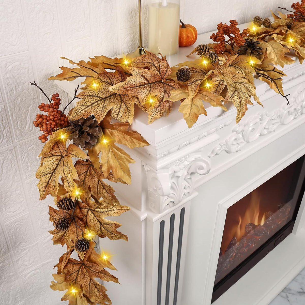 6ft Lighted Fall Garland with 30 Lights & Automatic Timer & Maple Leaves