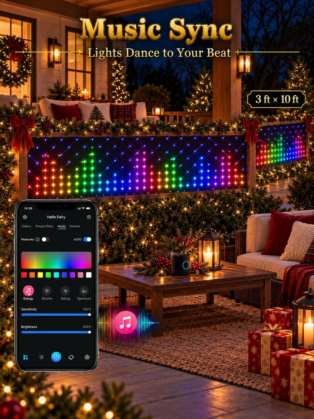 3 x 10 FT Smart RGB Net Lights, Hello Fairy App Control for Bushes