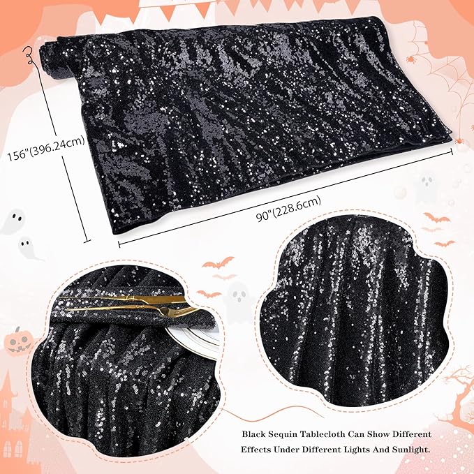 QueenDream Tablecloth 90x156 Rectangle Sequin Tablecloth Black Wedding Table Linens Glitter Birthday Bridal Party Indoor Outdoor Decorations