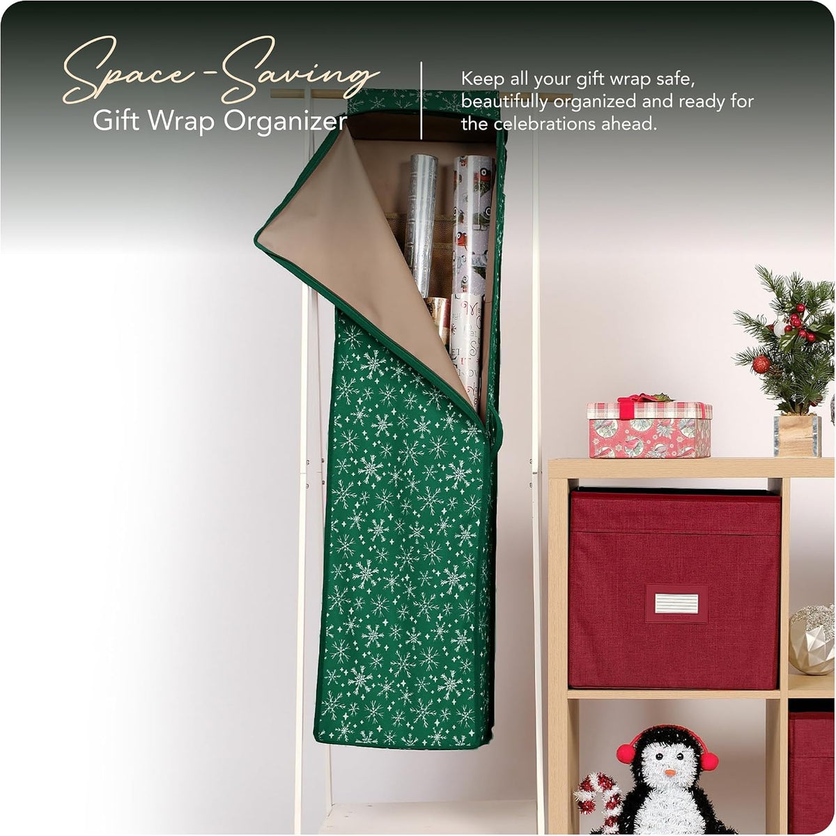 covermates hanging gift wrap storage bag, green snowflake shown in use