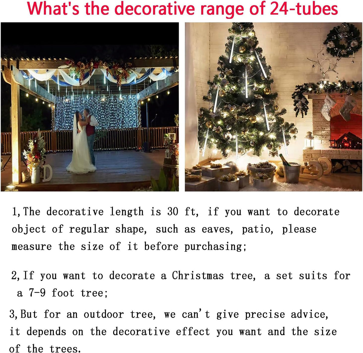 christmas lights outdoor, 24 tubes meteor shower lights showing dimensions