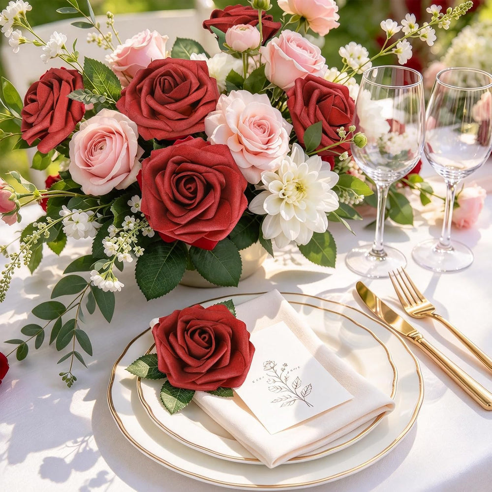 AmyHomie Dark Red Rose 100pcs Real Looking Artificial Flowers w/Stem