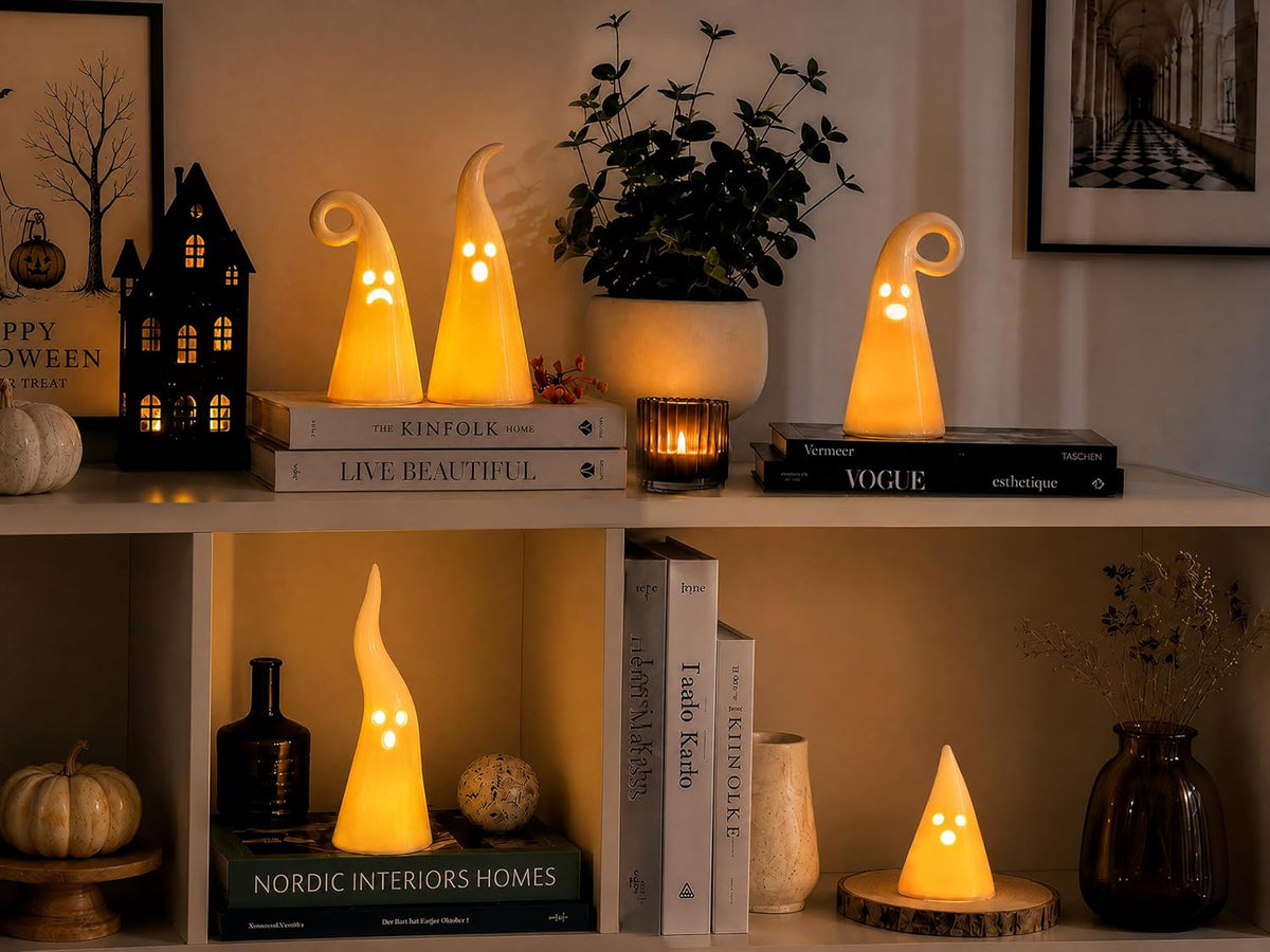 Parsin 5 PCS Ceramic Ghost Light Up Decor, Cute Halloween Decor