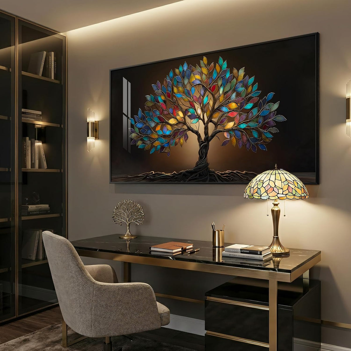 Large Framed Modern Tree of Life Wall Art for Living Room, 30x60 In