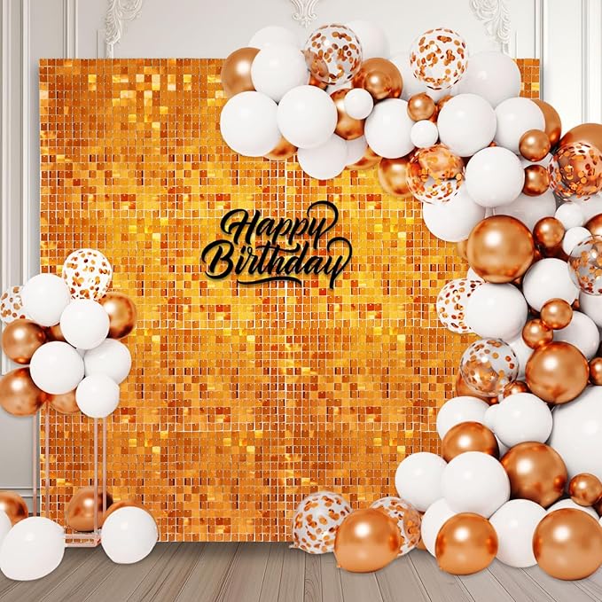 24PCS Orange Shimmer Wall Backdrop, Square Sequin Backdrops Panel, Glitter Wall Background for Birthdays, Weddings, Halloween, Thanksgiving, Disco Bachelorette Party Decoration (4FTx6FT)