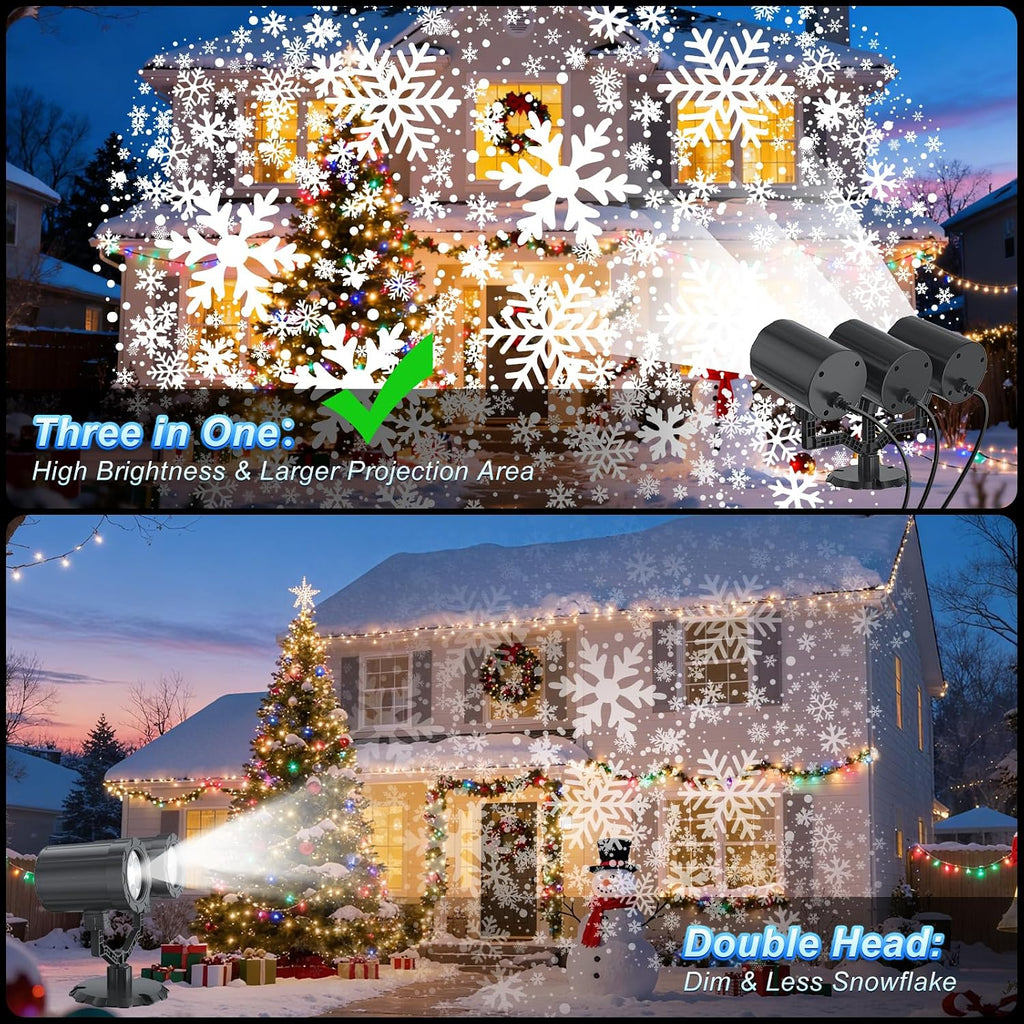 Christmas Projector Lights Outdoor, 2025 Upgraded Triple Head Snowflake Projector High Brightness, Led Dynamic Rotating Snowfall Projection IP65 Waterproof with 16.4ft Cord for Yard Houses Party Decor
