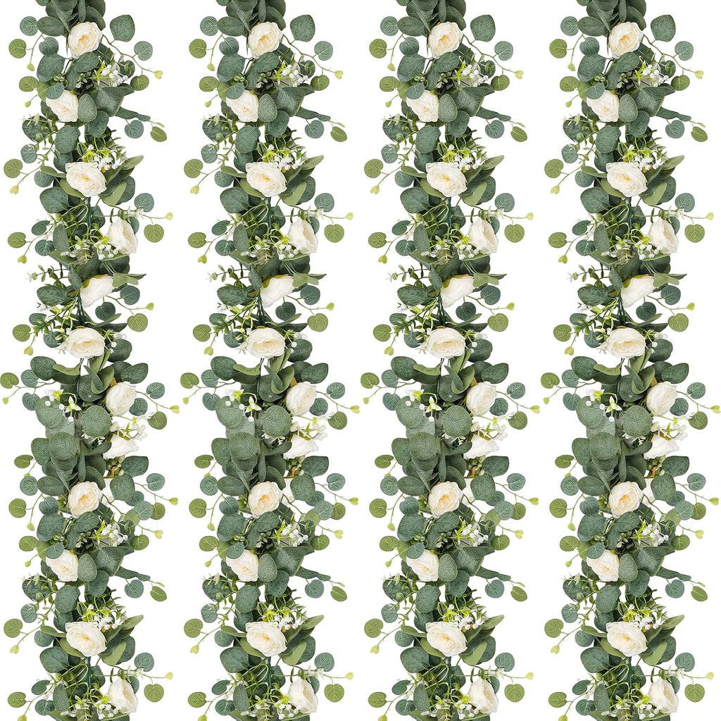 TOCHGREEN 4 Pack Artificial Eucalyptus Flower Garland with White Roses
