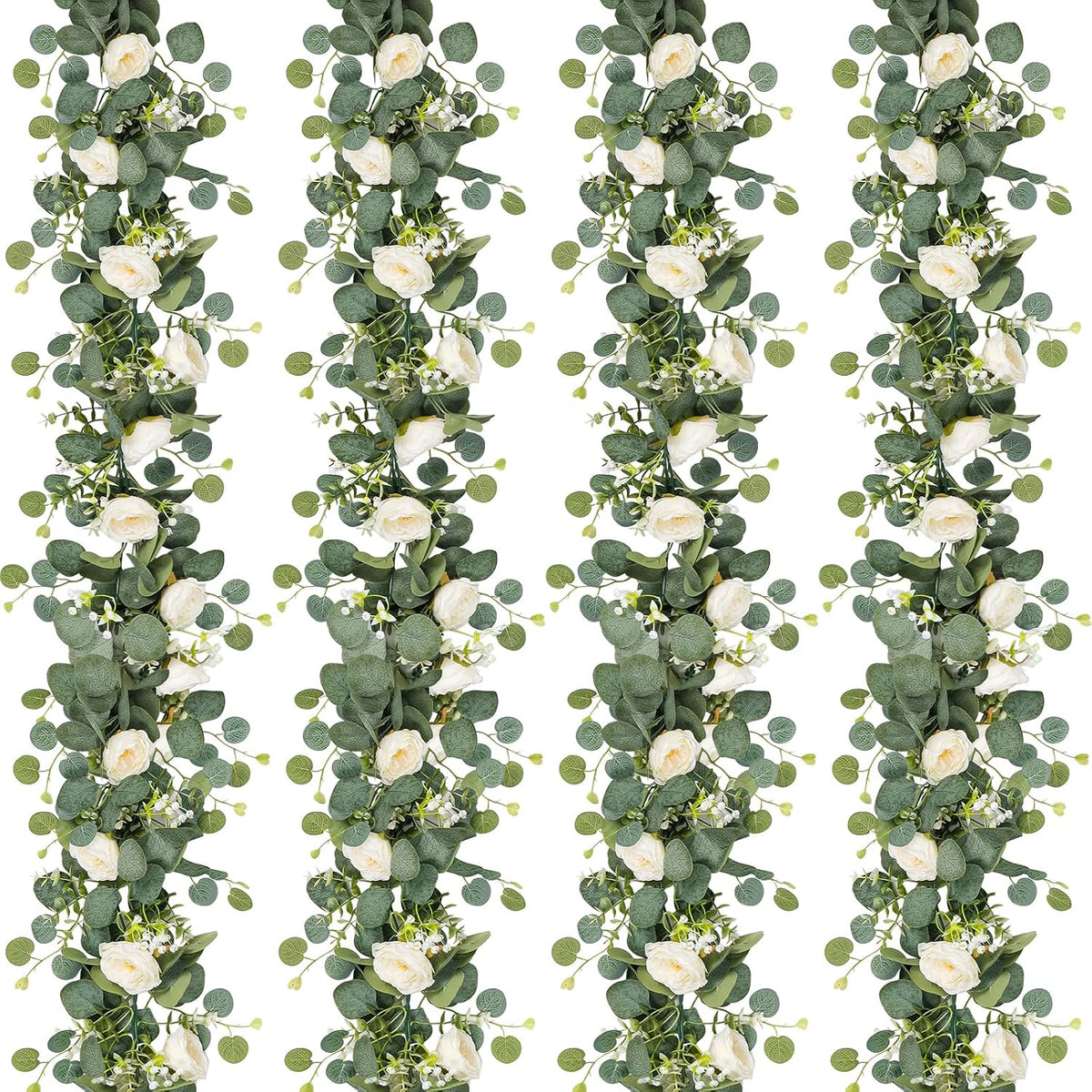 TOCHGREEN 4 Pack Artificial Eucalyptus Flower Garland with White Roses