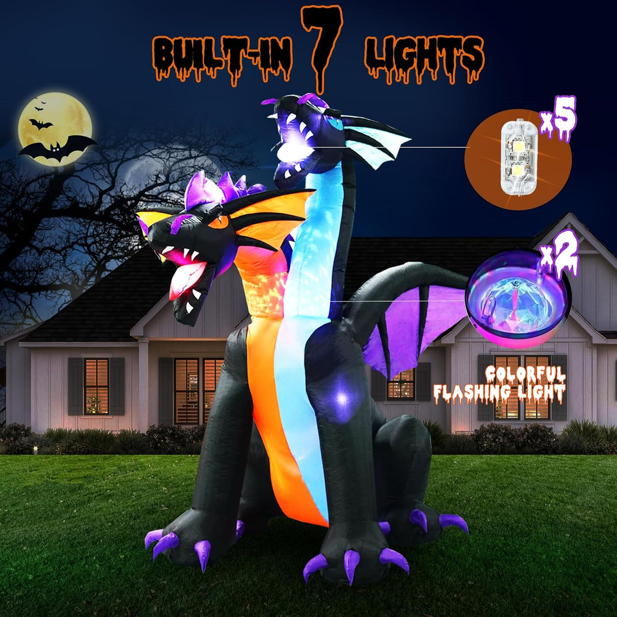 7ft tall halloween inflatables dragon with 2 heads, side view