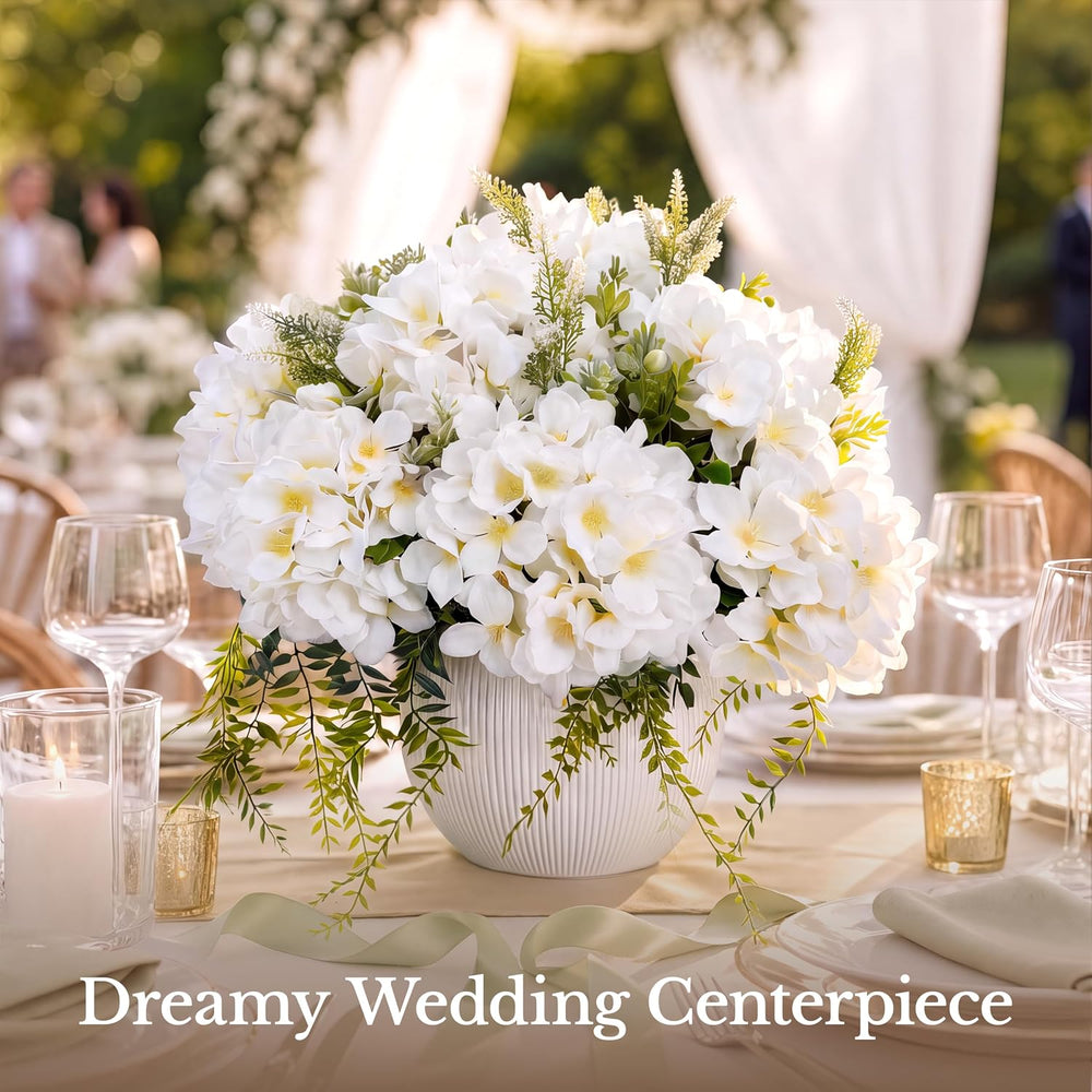 Pre-Arranged White Hydrangea Artificial Flowers with Greenery, UV Resistant