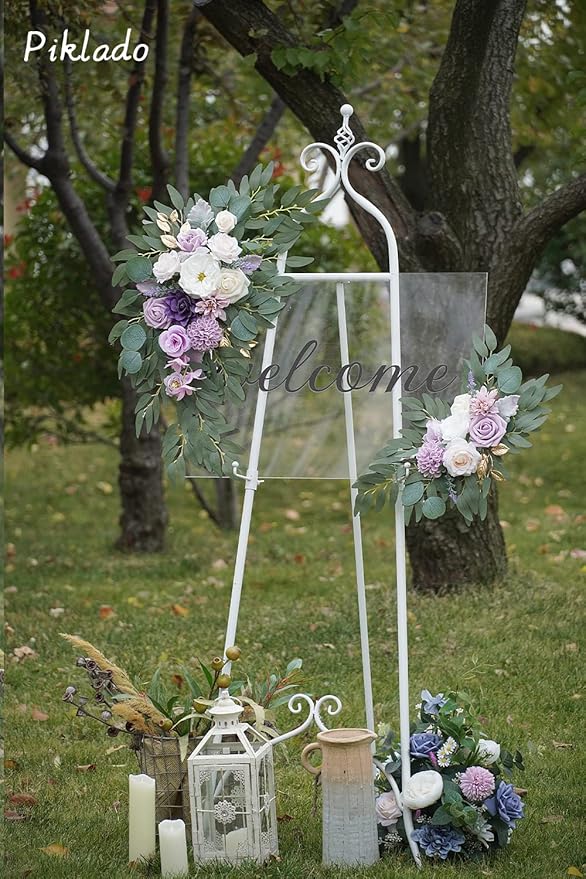 Faux Flower Swag Set of 2 for Wedding Welcome Signs Floral Swag Wedding Reception Ceremony Signs Decor (Purple)