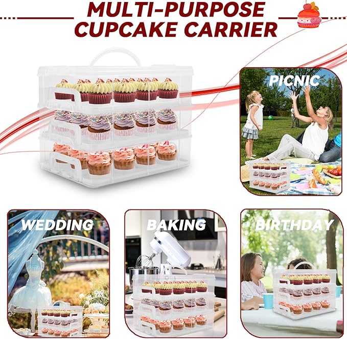 Cupcake Carrier, 3-Tiers Cupcake Containers, Holds 36 Cupcakes or 3 Large Cakes, Cupcake Holder, Cupcake Box with Lid and Handle (White, Basic)