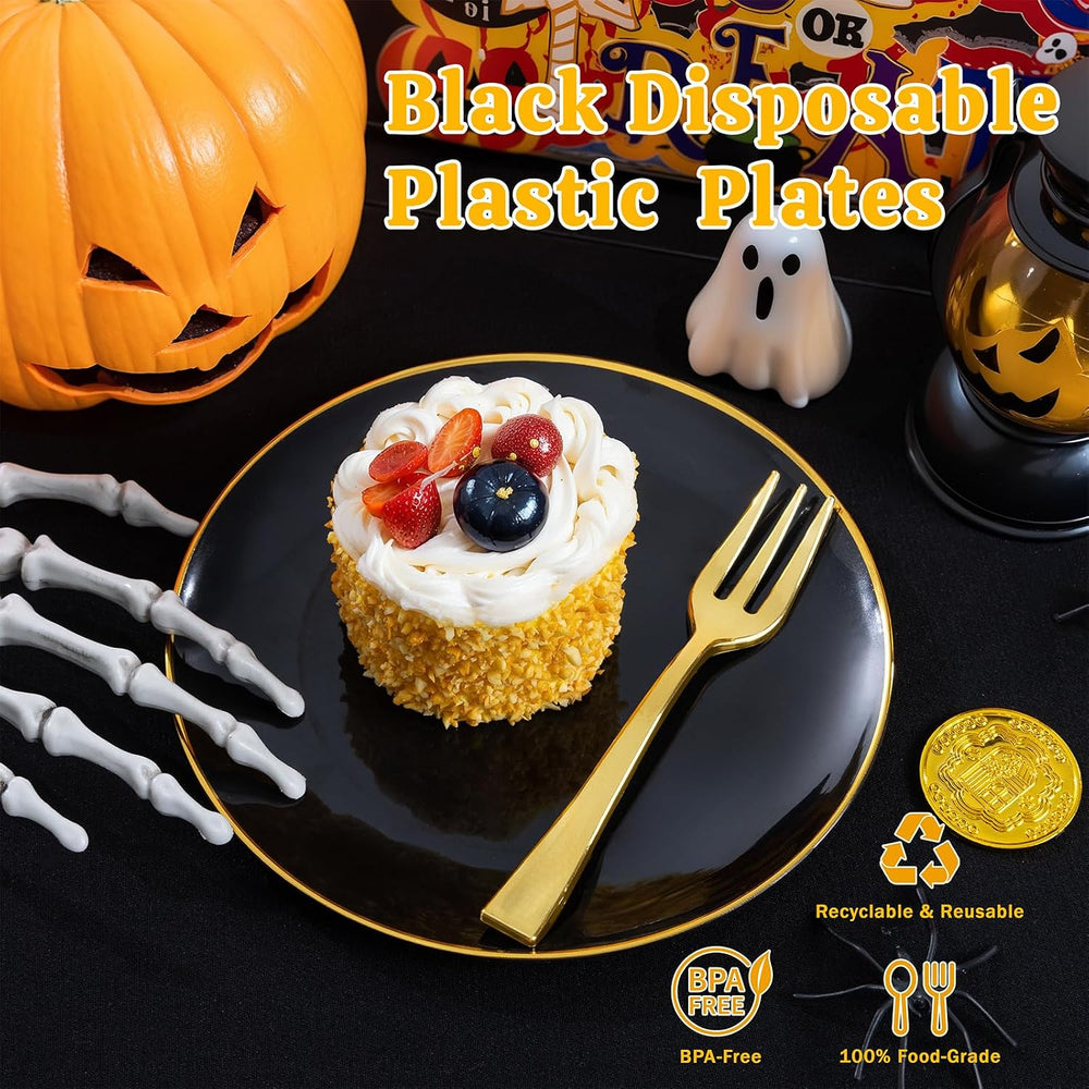 200Pcs Black Gold Dessert Plates 6.3" with Plastic Forks 5"- Small ...