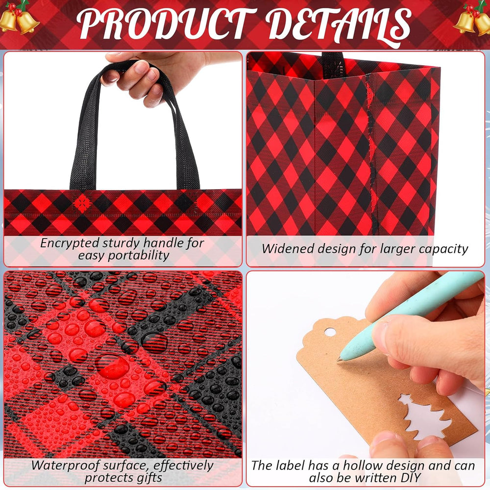 24 Pcs Large Christmas Bags Tags Tote, Diagonal Plaid, Red Green Black