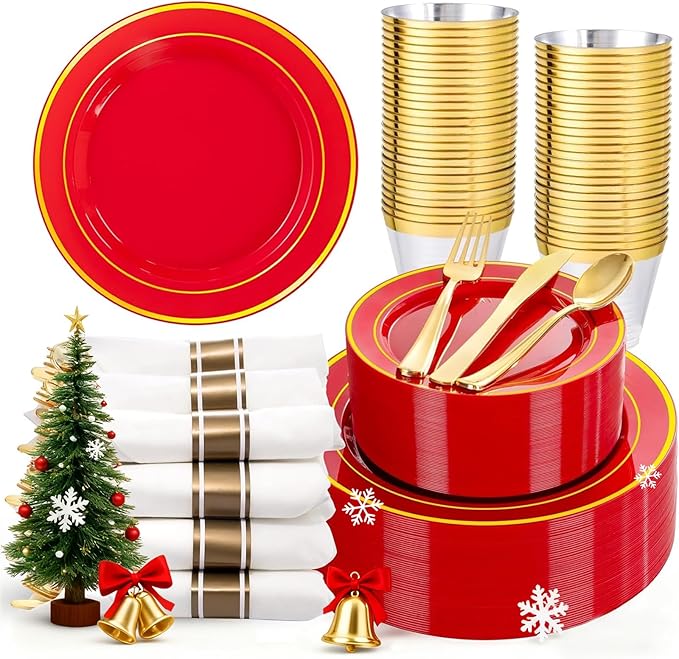350Pieces Christmas Plates with Gold Plastic Silverware - Red Plastic Plates with Gold Rim Include 50Dinner Plate 10”, 50Dessert Plate 7”, 50 gold Cups 9 OZ, 50 Pre Rolled Napkins for Christmas/Party