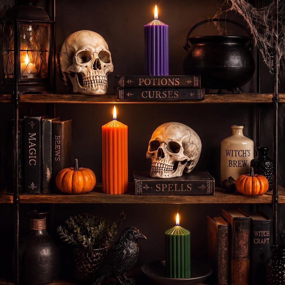 Mtlee 3 Pack Halloween Ribbed Pillar Candles Green Purple Orange Candles