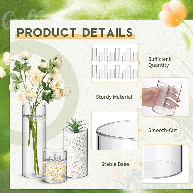 Nuogo 24 Pcs Plastic Cylinder Vases Tall Clear Flower Vases for Centerpieces Hurricane Candle Holder for Home Wedding Office Party Formal Dinners Decorations (4''/6''/8'')